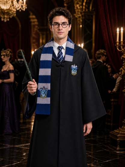 Ravenclaw Wizard Robe Costume Set with Tie, Scarf, Wand and Round Glasses Costume Accessories detail