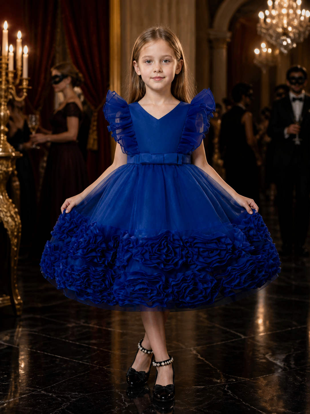 Toddler Girls' Blue Princess Dress, Ruffled Tulle Party Gown with Bow Costume Dresses detail
