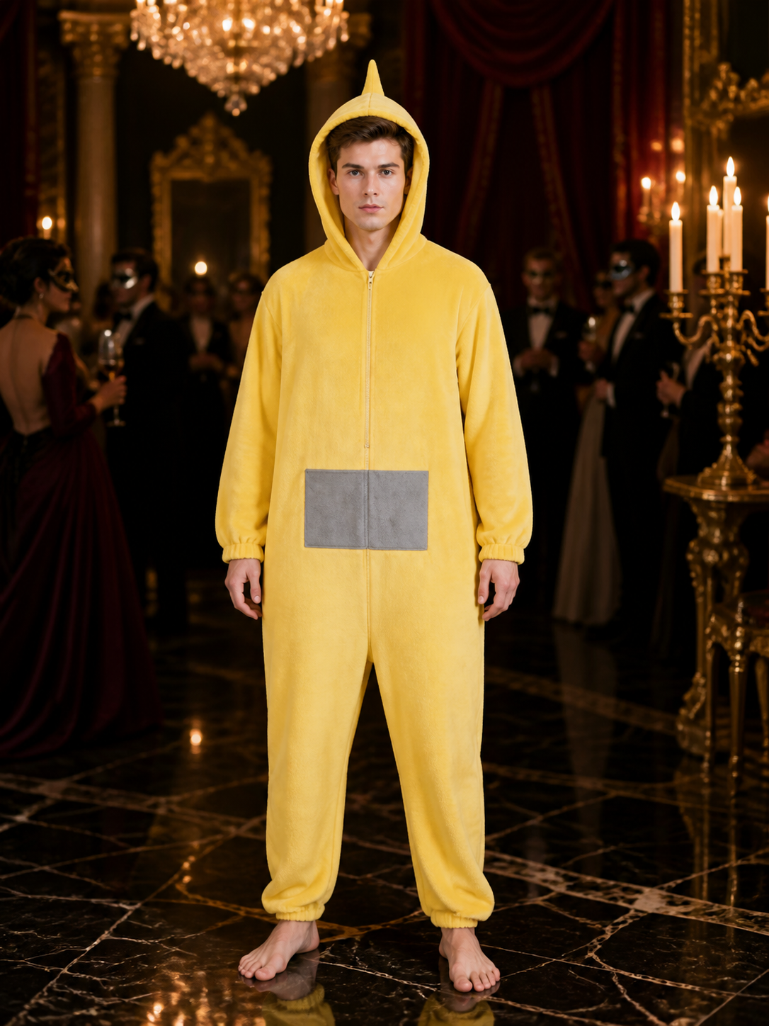 Adult Yellow Funny Cartoon Character Hooded Jumpsuit Halloween Party Costume Costumes detail