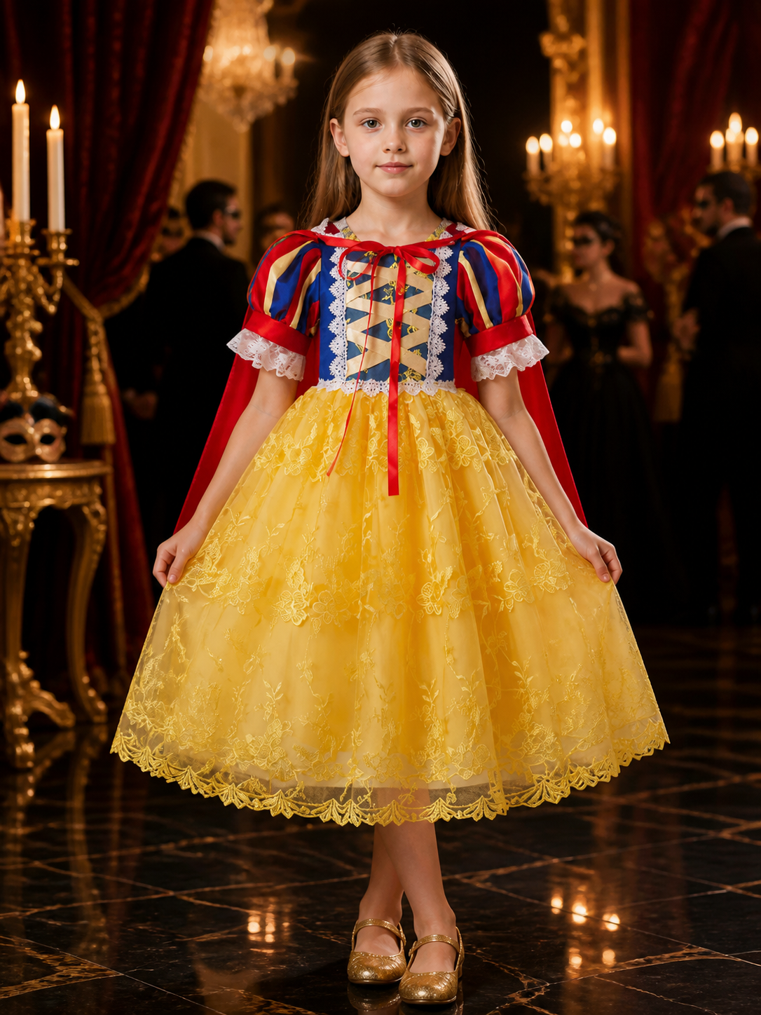 Girls Princess Dress Costume Set With Cape, Lace and Yellow Tulle Skirt Costume Dresses detail