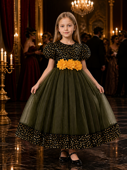 Baby Girls' Sequined Princess Dress with 3D Flowers and Tulle Skirt Costume Dresses detail