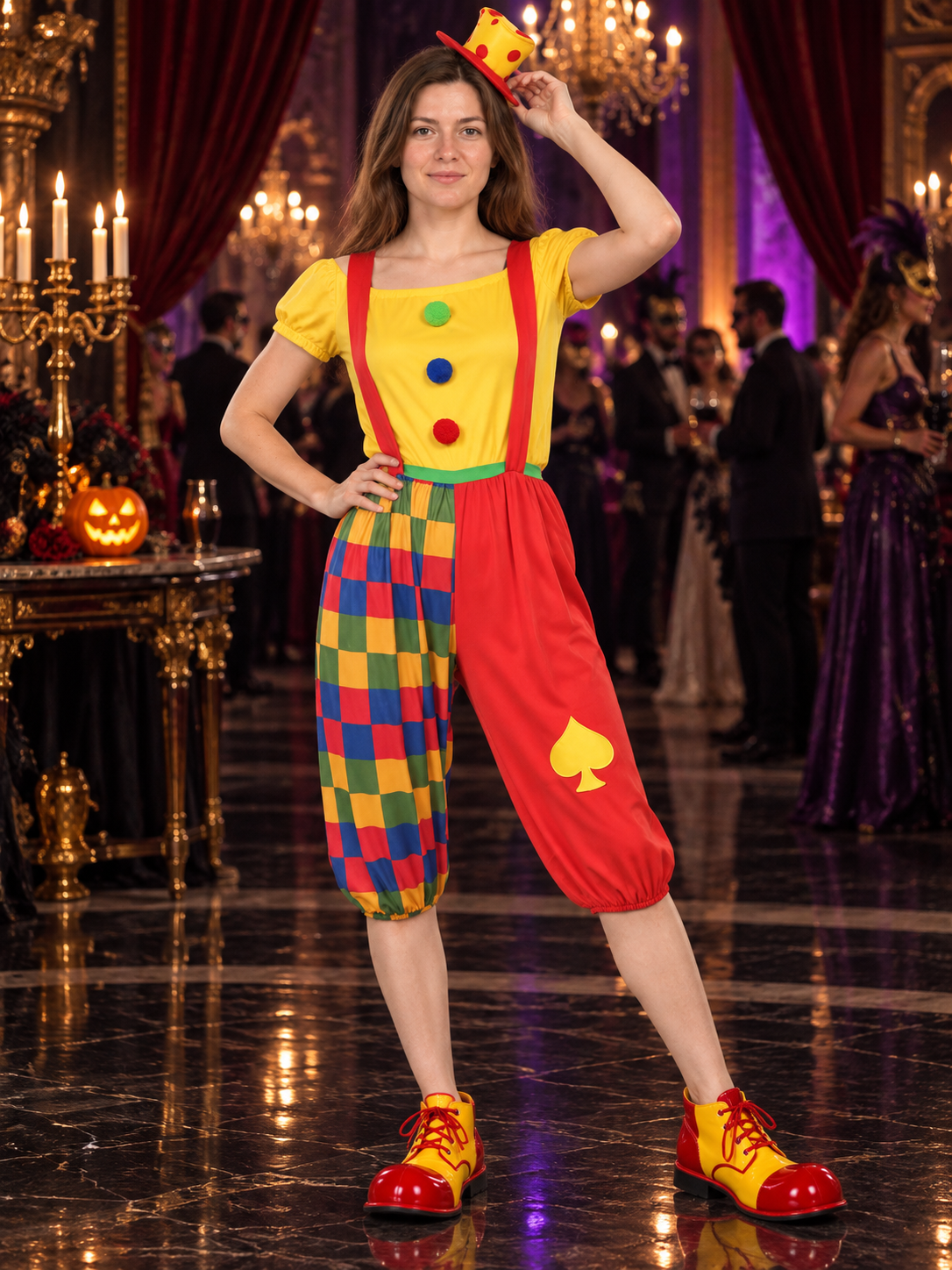 Clown Costume with Yellow Hat and Multicolored Pants