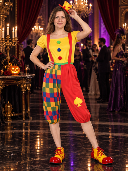 Clown Costume with Yellow Hat and Multicolored Pants