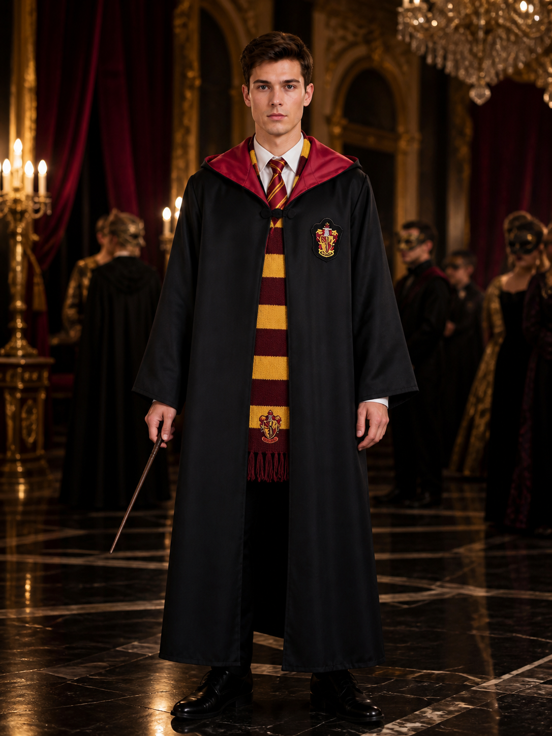 Wizard Costume Set, Long Hooded Robe with Tie and Scarf, Red and Gold Trim Costumes detail