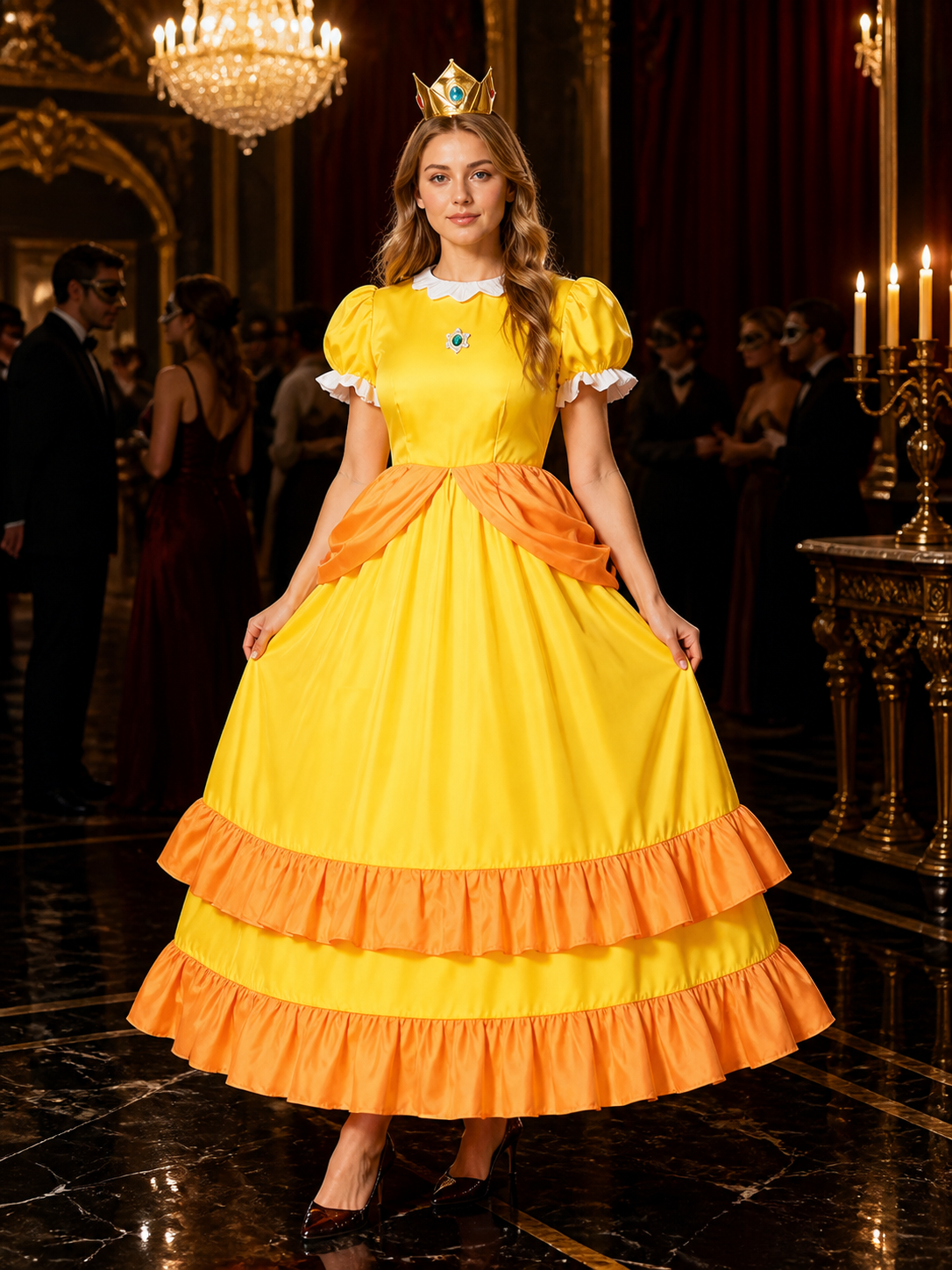 Yellow Princess A-Line Cosplay Costume Dress, Puff Sleeves, Orange Ruffles Costume Dresses detail
