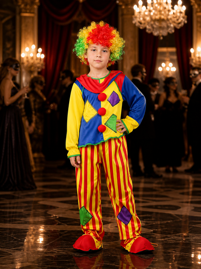 Kids Clown Circus Costume Set with Rainbow Wig Hat, Patchwork Top and Pants Costume Wigs detail