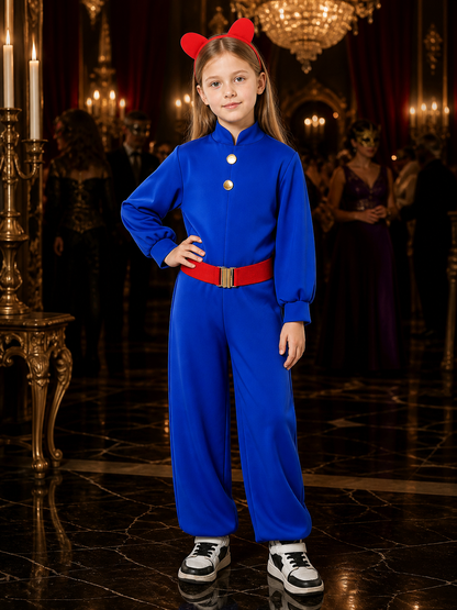 Kids Willy Wonka Blue Jumpsuit Costume Set with Red Ears Headband & Belt Costume Headwear detail