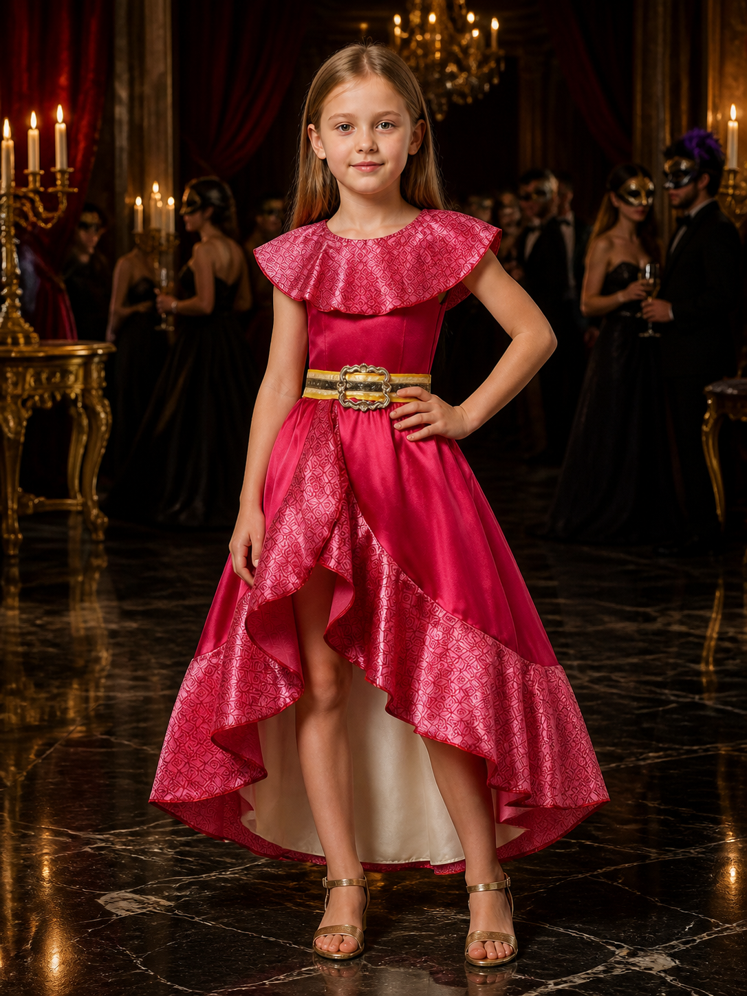 Girls' Pink Princess Costume Dress with Ruffle Collar and Gold Waistband for Costume Dresses detail