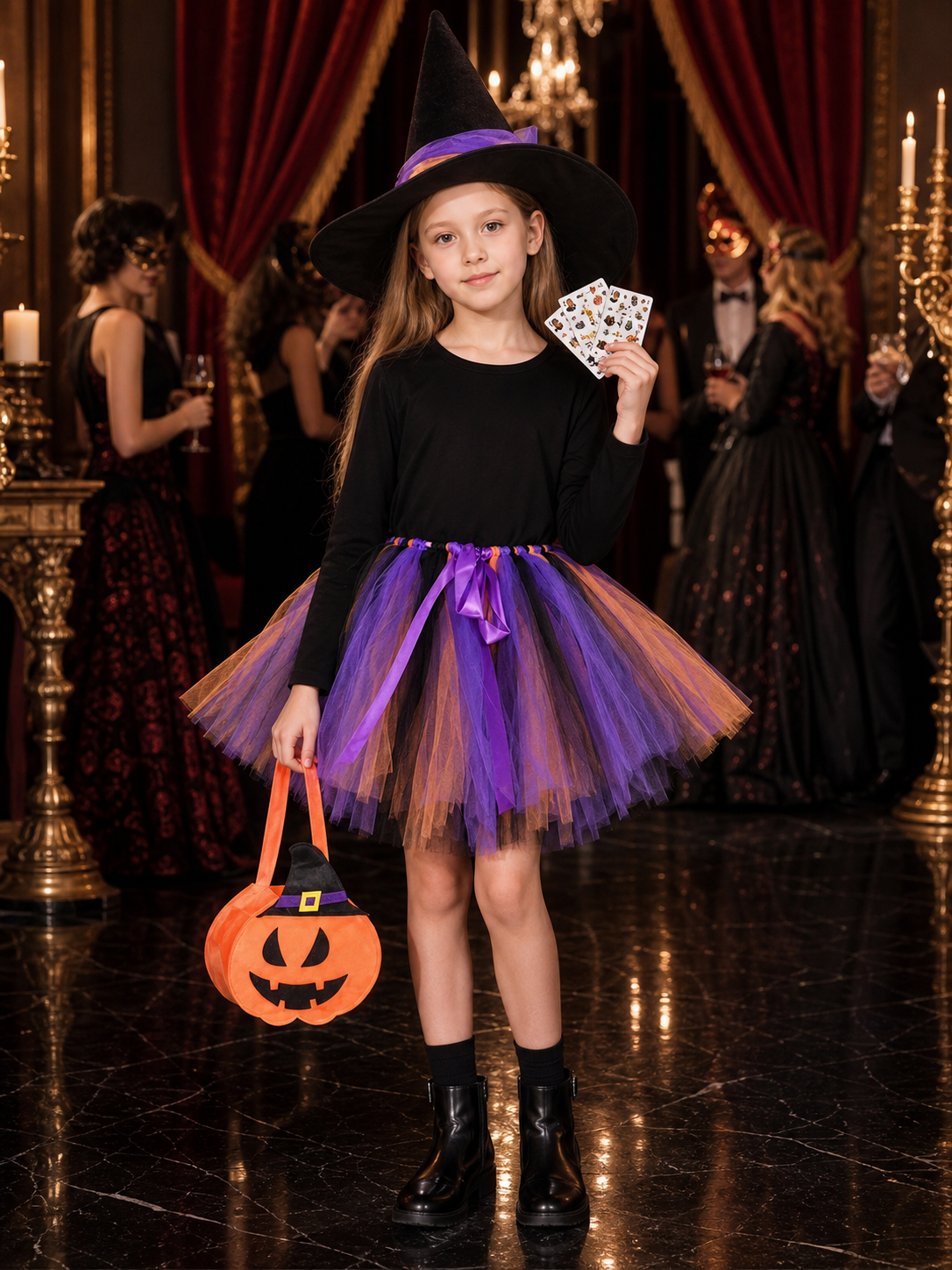Kids' Halloween Witch Costume Set, Layered Skirt, Hat, Pumpkin Candy Bag & Face Costume Headwear detail