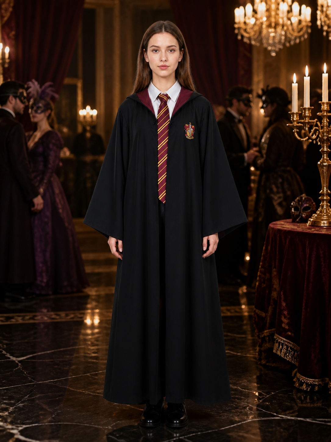 Black Wizard Robe Costume Set with Multicolor Striped Fringed Scarf and Chest Costumes detail