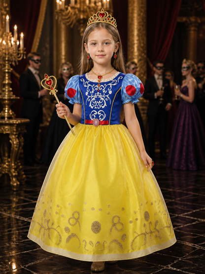 Girls Snow White Princess Costume Set - Tutu Dress With Puff Sleeves, Crown Costume Dresses detail