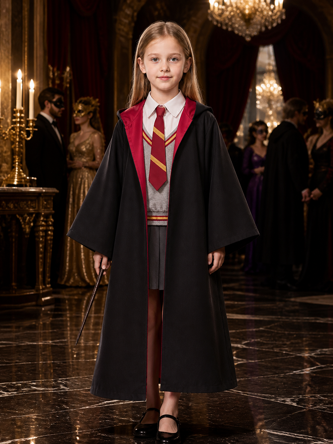 Girls Magic Academy Wizard Robe Costume, Black Hooded Cloak with Red Gold Tie Costume Capes detail