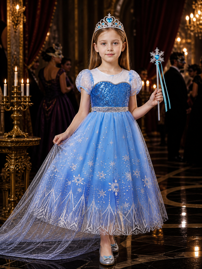 Kids Snow Queen Blue Sequined Snowflake Puffy Princess Dress Halloween Costume Costume Dresses detail