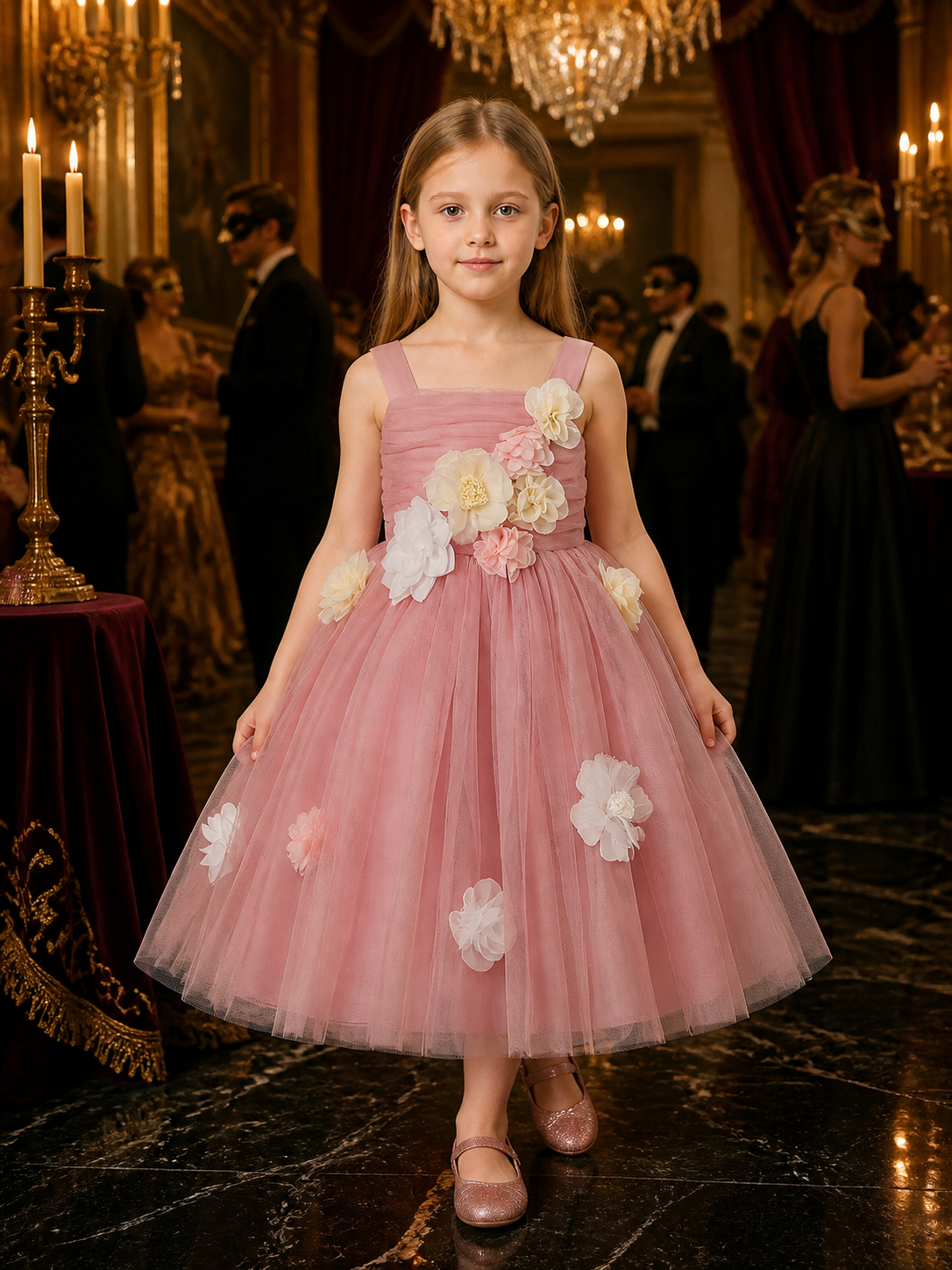 Girls' Pink Princess Party Dress, Layered Tulle Skirt With Floral Details Costume Dresses detail