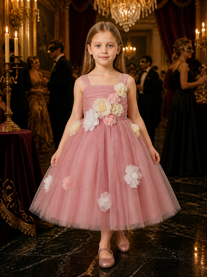 Girls' Pink Princess Party Dress, Layered Tulle Skirt With Floral Details Costume Dresses detail