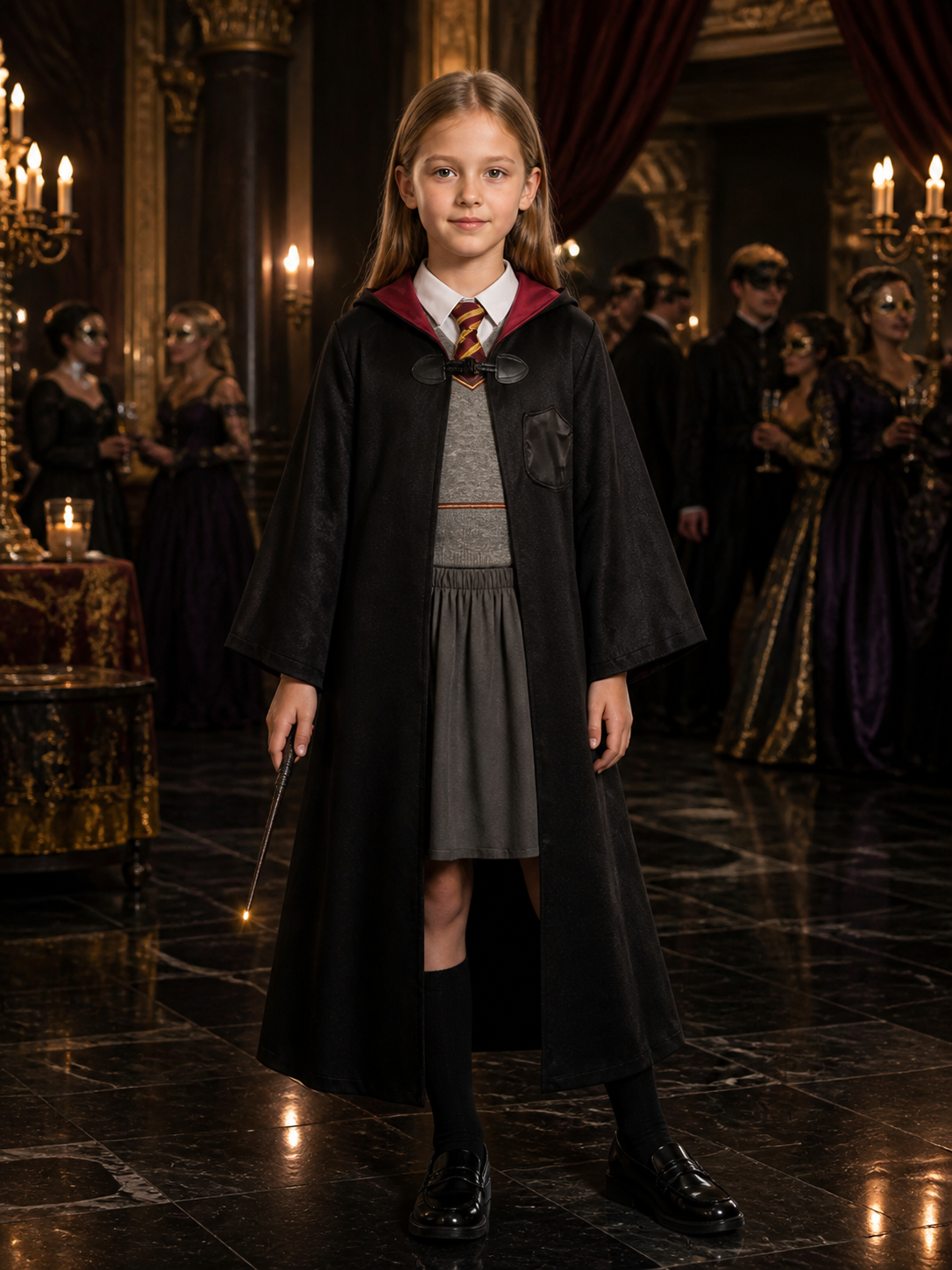 Children's Wizard Costume Set, Hooded Robe, Vest And Pleated Skirt Costumes detail