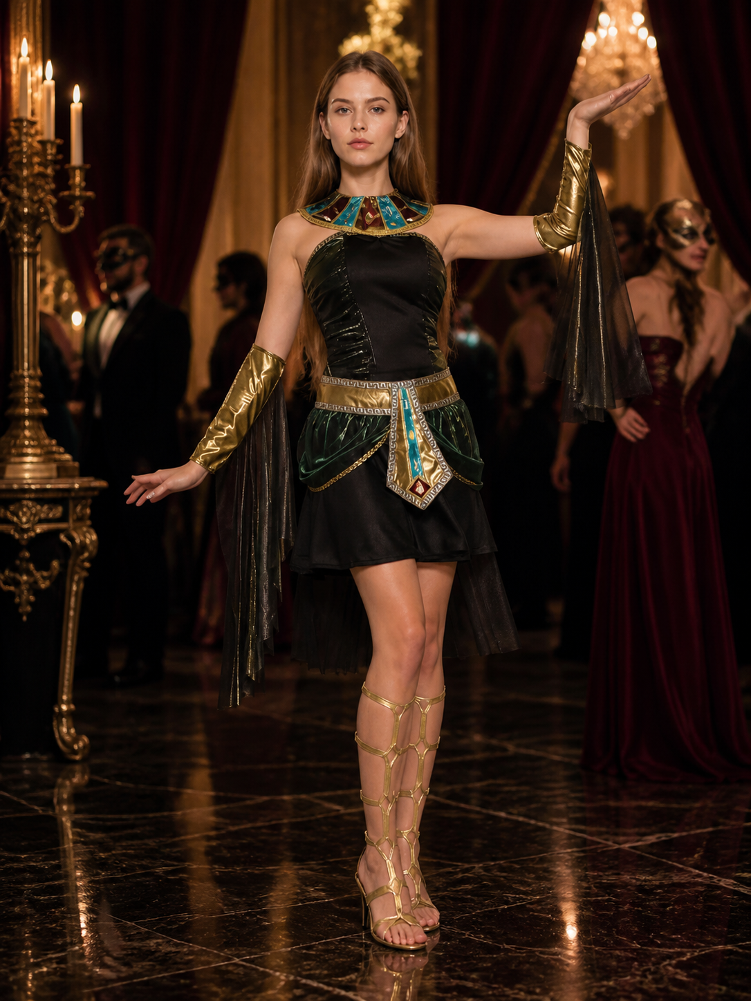 Cleopatra Halloween Costume Dress, Egyptian Queen Masquerade Outfit, Teal & Gold Costume Dresses detail