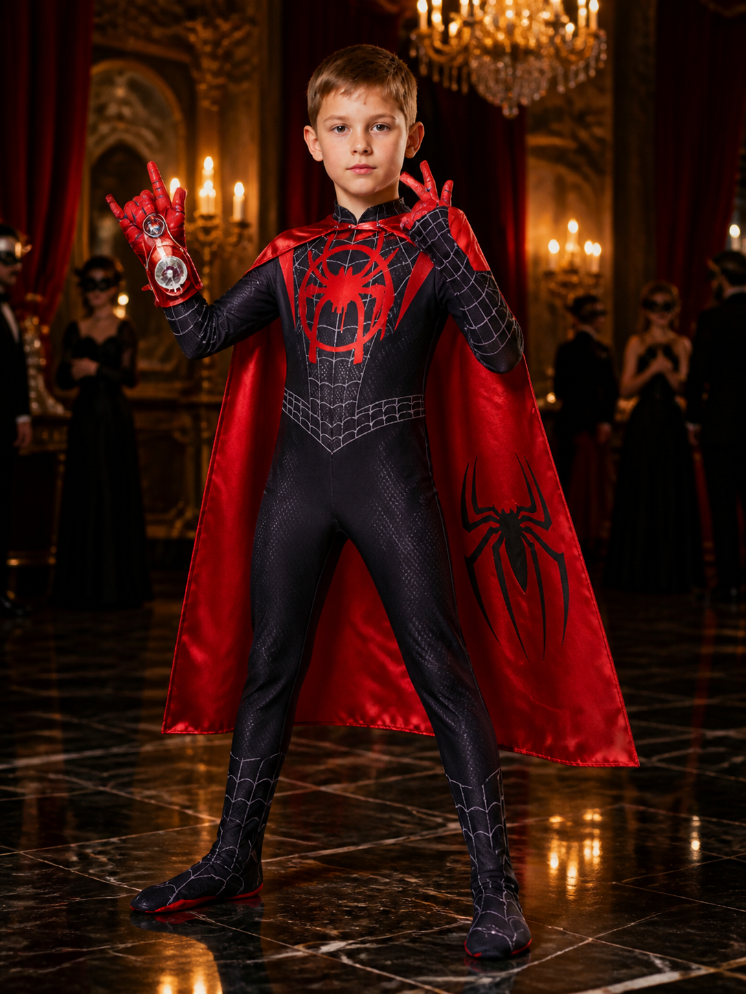 Kids' Black Spider-Man Bodysuit Costume With Mask, Cape And Web Shooters Costume Capes detail