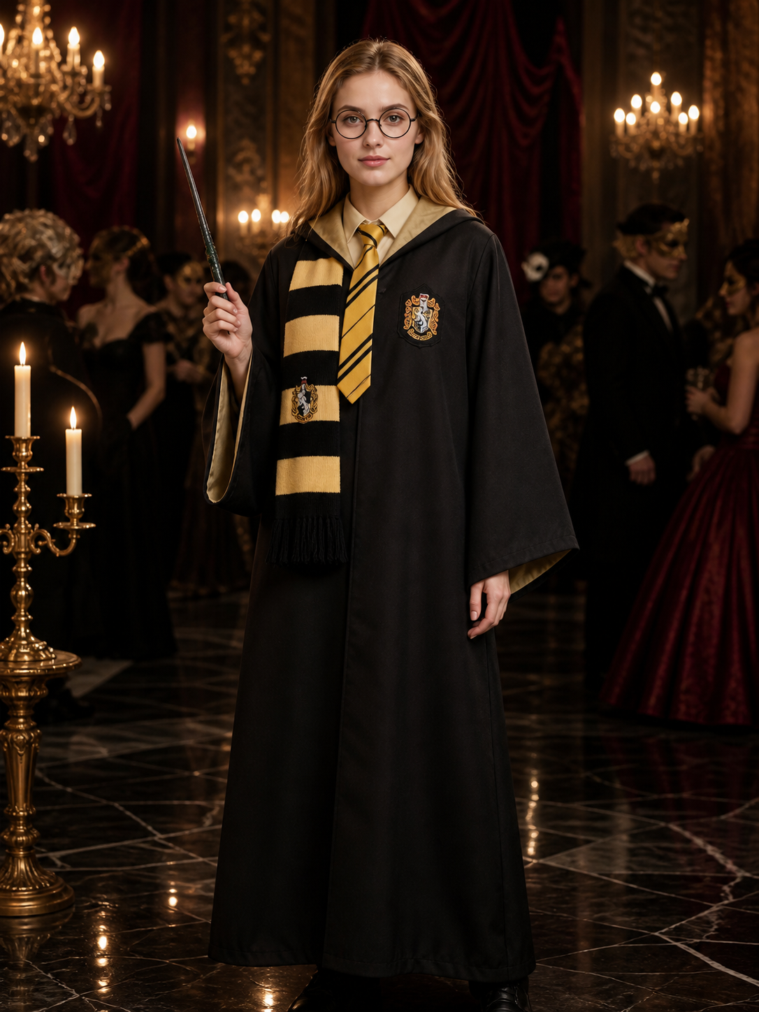 Wizard Costume Set With Black And Yellow Robe, Scarf, Tie, Wand And Round Costume Accessories detail