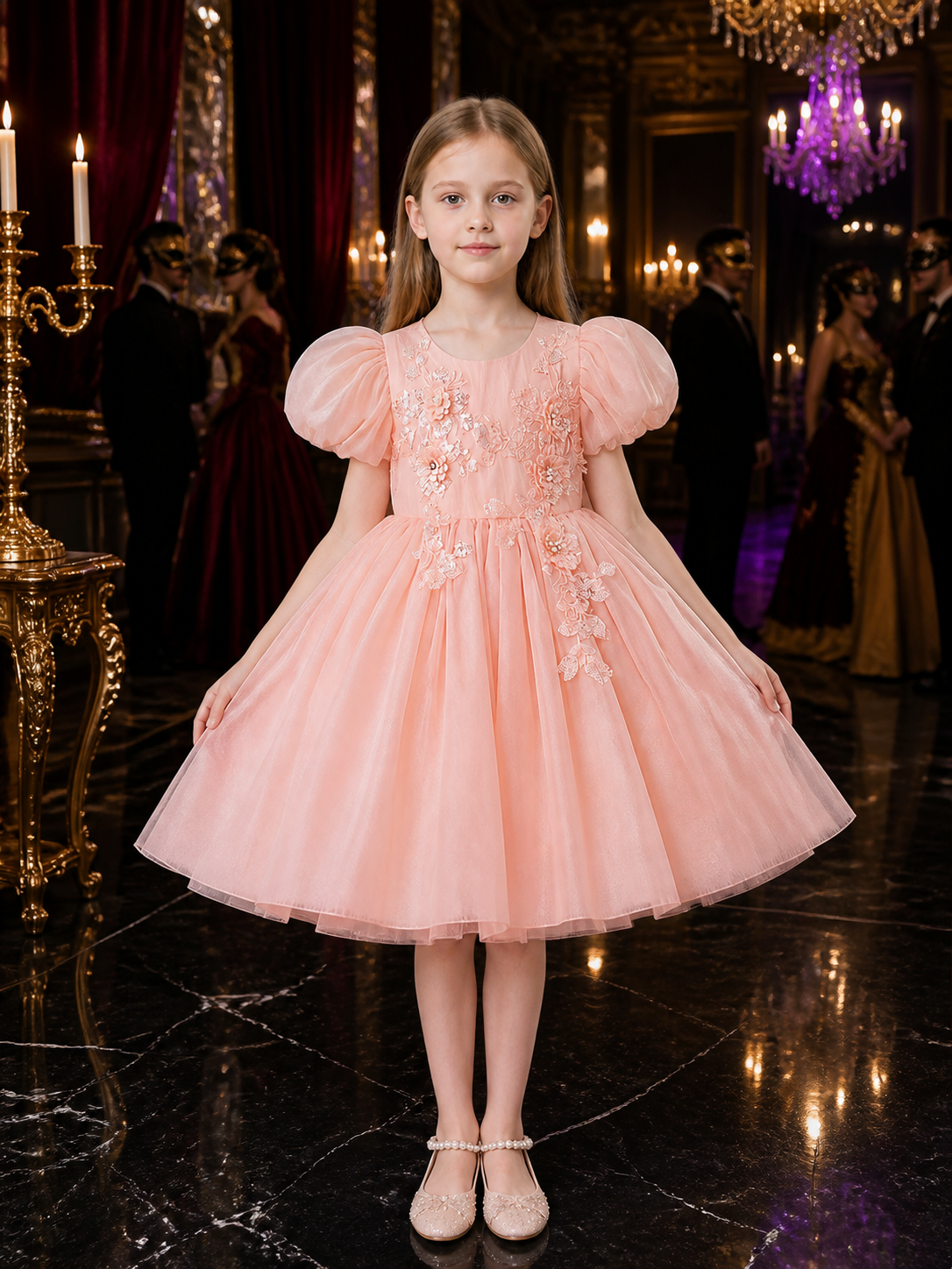 Girls' Pink Princess Dress With Puff Sleeves, Floral Sequin Embroidery and Tulle Costume Dresses detail