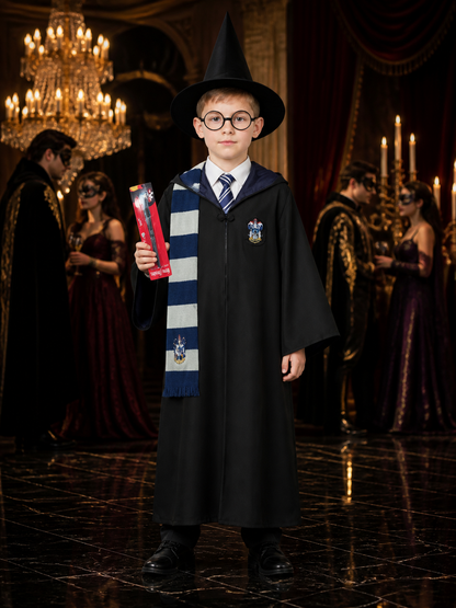 Blue And Silver Wizard Robe Costume Set With Hat, Glasses, Scarf And Tie Costume Headwear detail