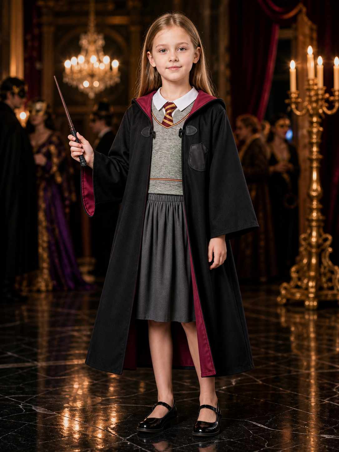 Children's Gryffindor-Themed Wizard Costume Set with Hooded Robe, Vest, Skirt Costumes detail