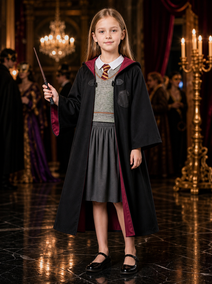 Children's Gryffindor-Themed Wizard Costume Set with Hooded Robe, Vest, Skirt Costumes detail