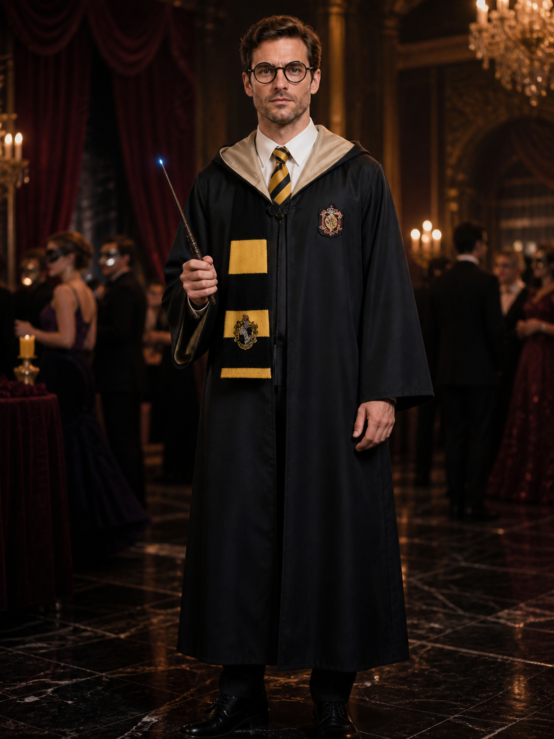 Hufflepuff Wizard Robe Costume Set with Scarf, Tie, Glasses and Wand Costume Accessories detail