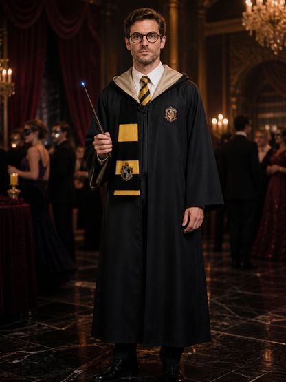 Hufflepuff Wizard Robe Costume Set with Scarf, Tie, Glasses and Wand Costume Accessories detail