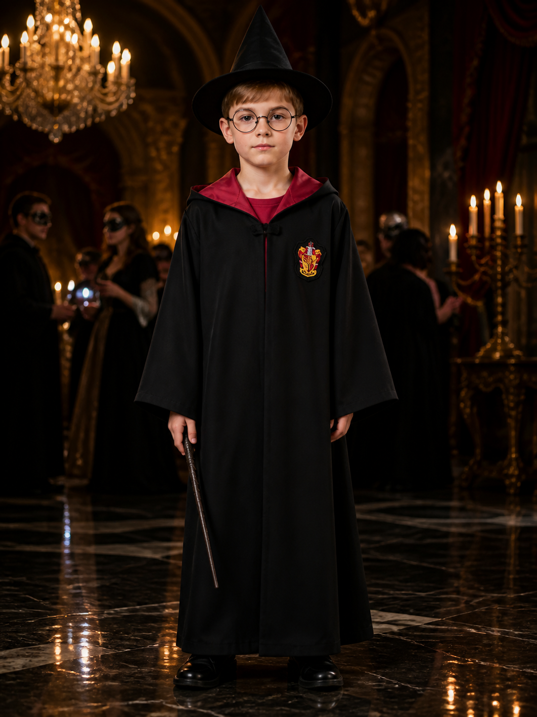 Kids Wizard Robe Costume Set, Hooded Black Cloak With Pointed Hat and Glasses Costume Capes detail
