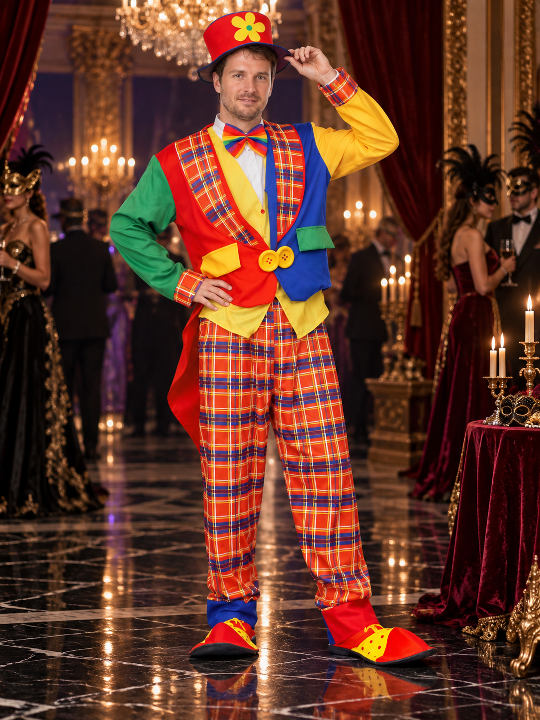 Multicolored Adult Clown Costume with Plaid Pattern