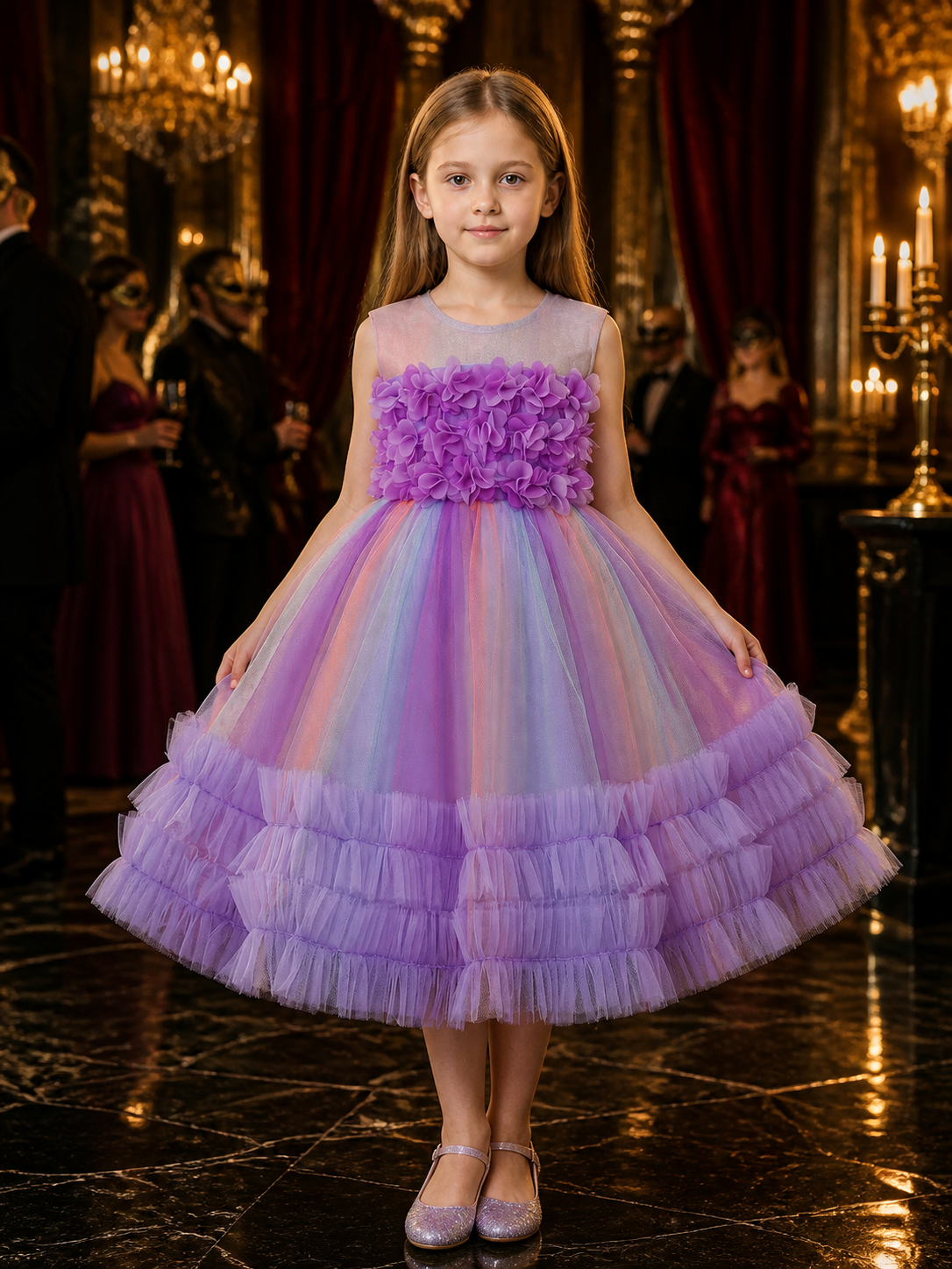 Toddler Girls' Multicolor Princess Dress with 3D Floral Ruffles Costume Dresses detail