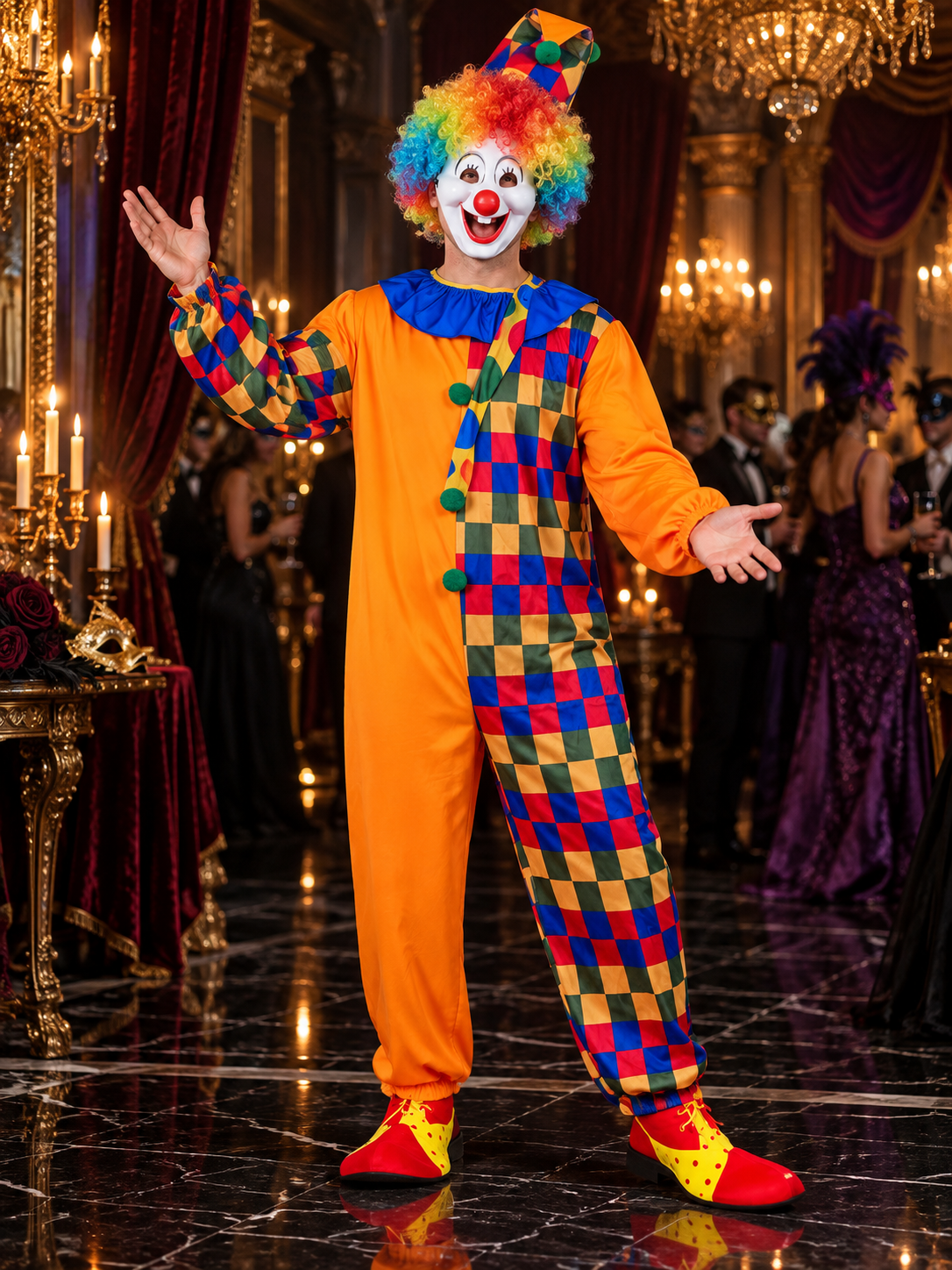 Adult Clown Costume: Jumpsuit, Wig, Mask, Hat