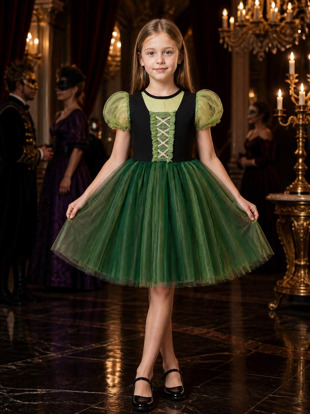 Girls' Dark Green Princess Dress, Puff Sleeves and Layered Full Skirt Costume Costume Dresses detail