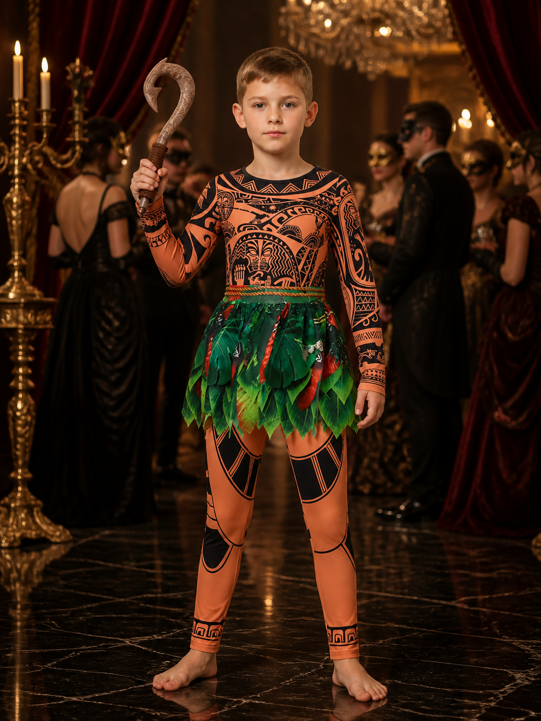 Boy's Moana Tribal Print Onesie Costume Set with Fish Hook, Halloween Outfit Costumes detail