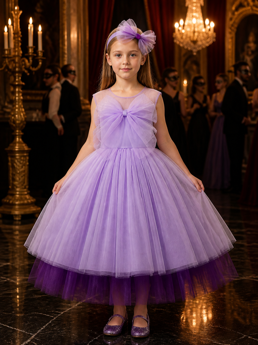 Baby Girls' Purple Princess Dress Set With Bow Headband, Layered Tulle Costume Dresses detail