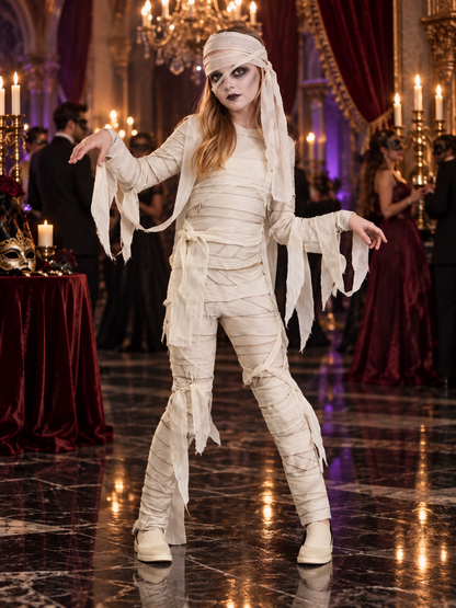 Kids' White Mummy Costume with Bandages and Head Wrap