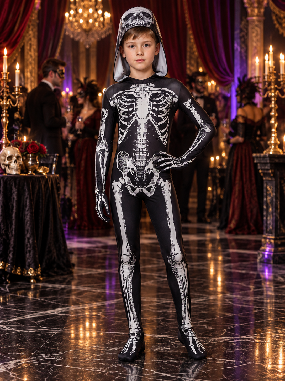 Black and White Skeleton Halloween Costume with Hood