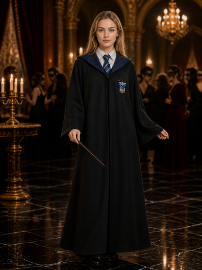 Wizard Hooded Robe Costume Set With Tie And Wand, Black Cosplay Halloween Outfit Costume Accessories detail