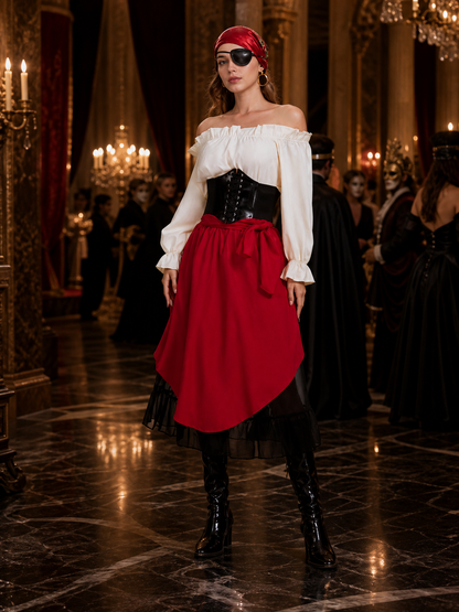 Women's Pirate Halloween Costume Set With Off-Shoulder Top And Asymmetric Red Costumes detail