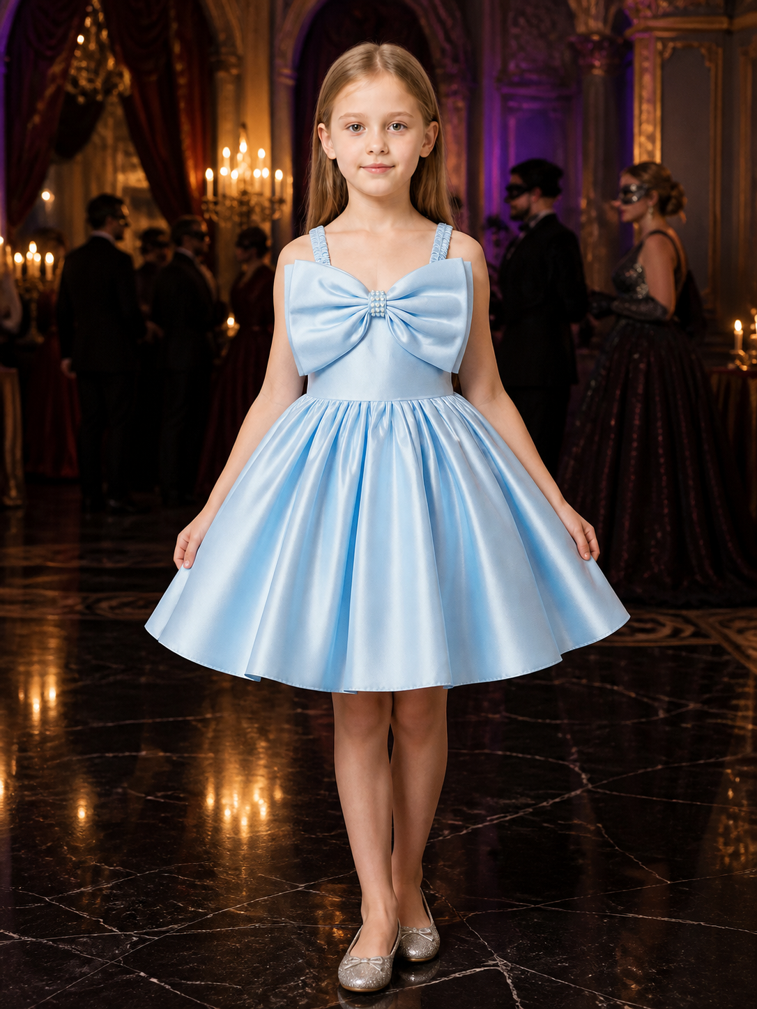 Baby Girl Sky Blue Princess Dress with Oversized Bow, Sleeveless Party Gown Costume Dresses detail