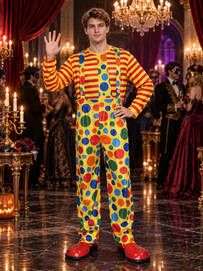 Adult Clown Costume Yellow with Polka Dots and Striped Sleeves