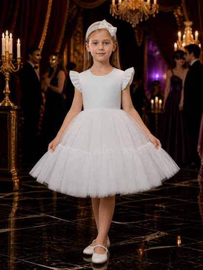 Girls' White Princess Dress With Puff Sleeves, Bow Details And Layered Tulle Costume Dresses detail