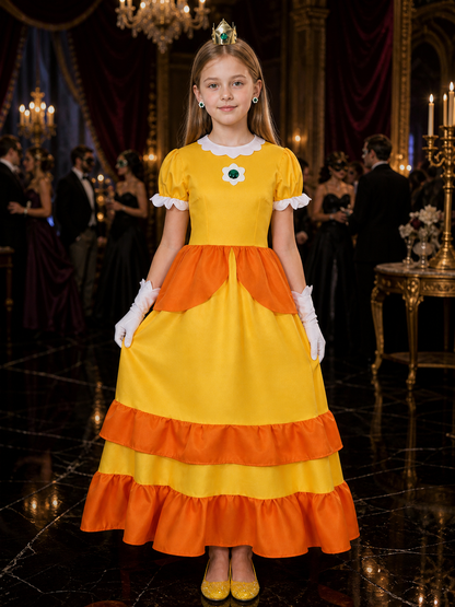 Kids Princess Halloween Costume Set - Yellow Orange Ruffle Dress With Crown Costume Dresses detail