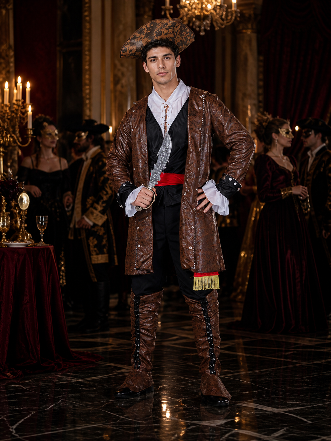 Adult Pirate Captain Halloween Costume Set, Brown Long Coat with Red Sash, Gold Costumes detail