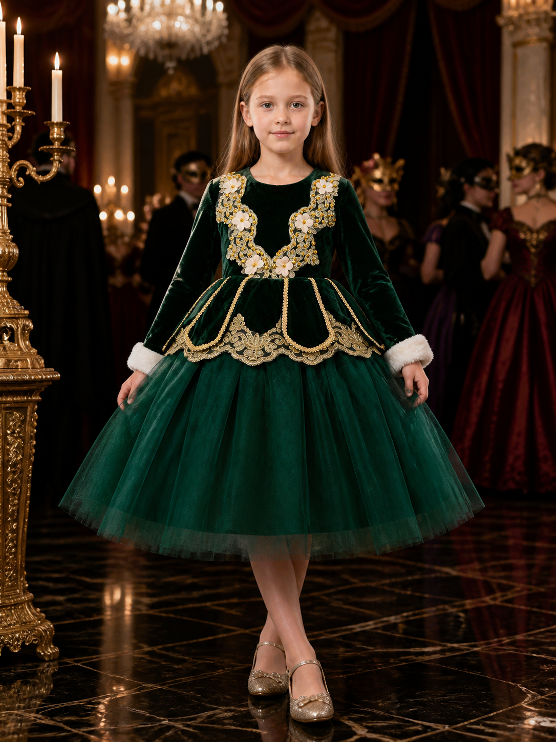 Girls' Dark Green Princess Party Dress, Long Sleeve Embroidered Tulle Skirt Costume Dresses detail