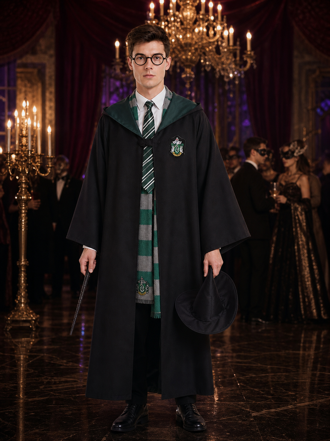 Kids Wizard Robe Costume Set with Green and Gray Striped Scarf, Hat, Glasses Costume Headwear detail