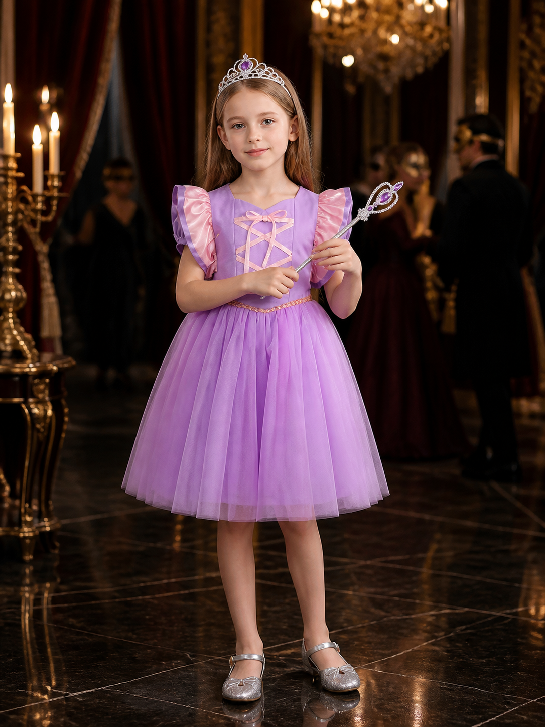 Girls Sofia Princess Purple Tutu Dress with Puff Sleeves and Cross Lace-Up Costume Dresses detail