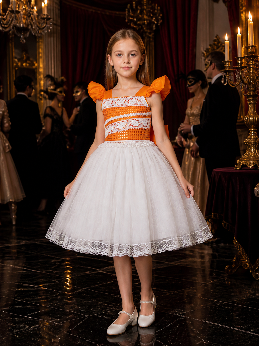 Girls' Orange and White Princess Dress with Puff Sleeves and Lace Trim Costume Dresses detail