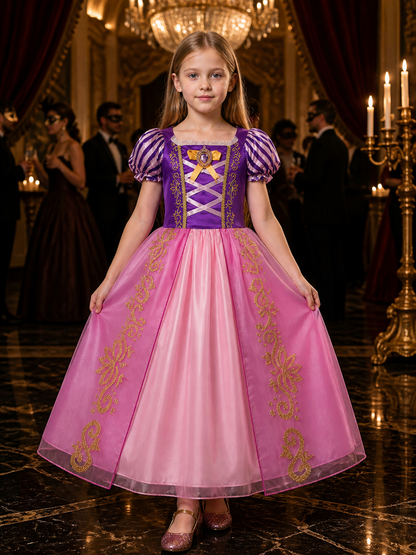 Girls Princess Dress Costume, Purple Pink Puff Sleeve with Heart Bow, Halloween Costume Dresses detail